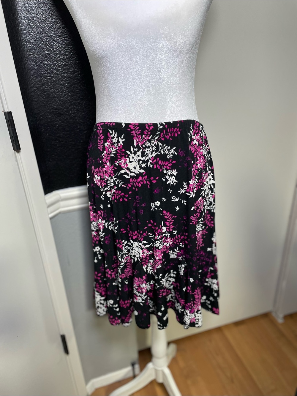 Black Floral Midi Skirt with Magenta and White Print